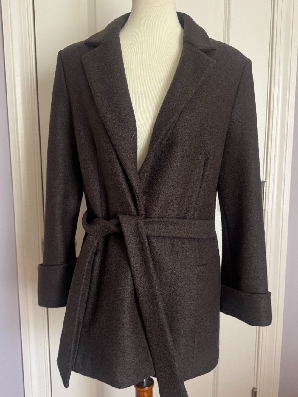 Lafayette 148 New York Taupe Wool Belted Wrap Coat Sz 10
